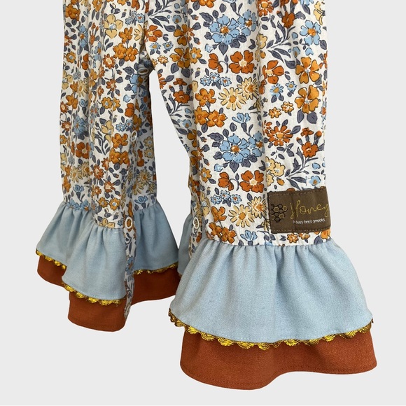 Busy Bee Smocks Honey Floral Ruffle Hem Romper Overalls Blue Rust Gold 18M - Picture 5 of 11